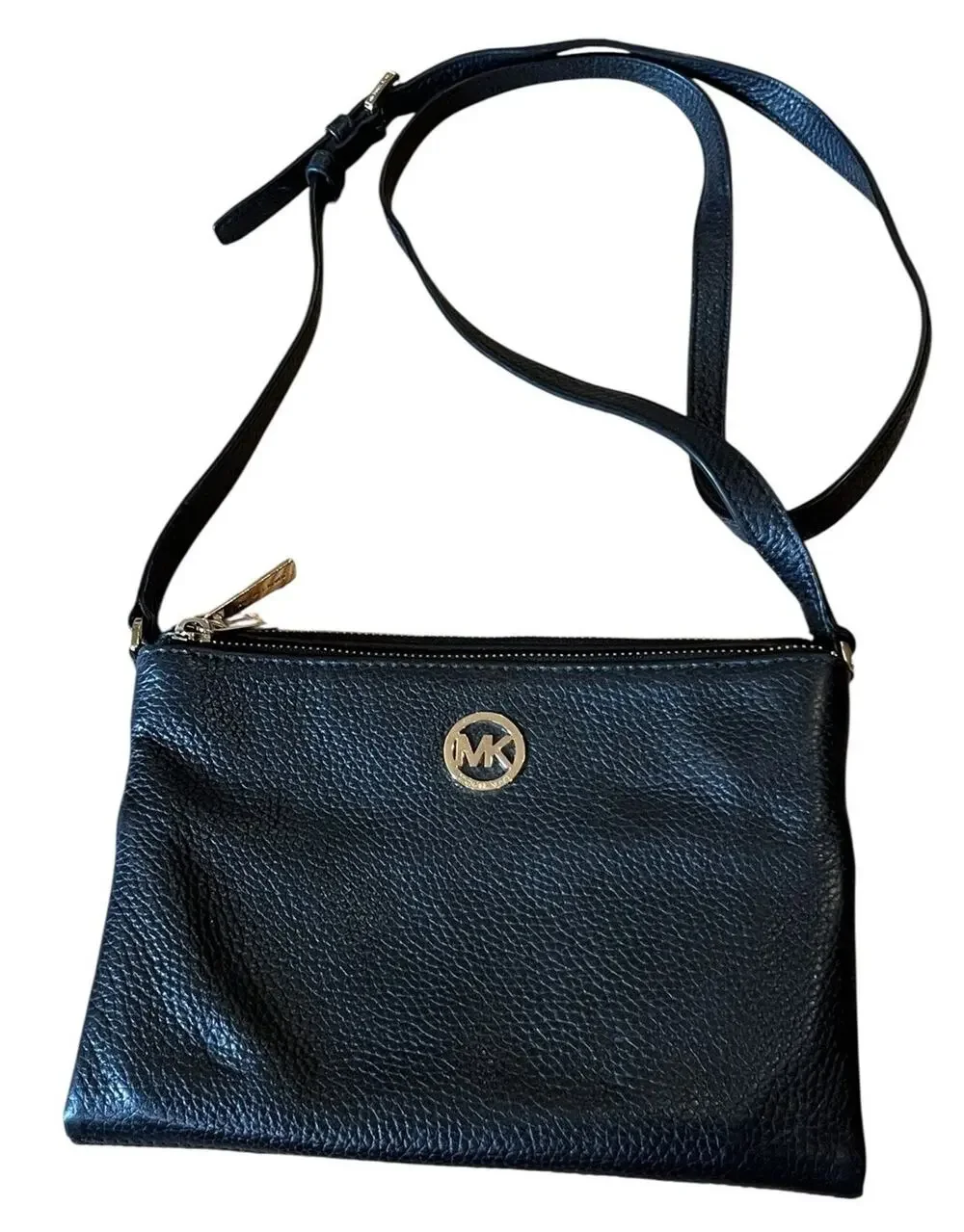 Michael Kors Black Pebbled Leather Shoulder Bag Crossbody Zip Purse Gold MK Logo